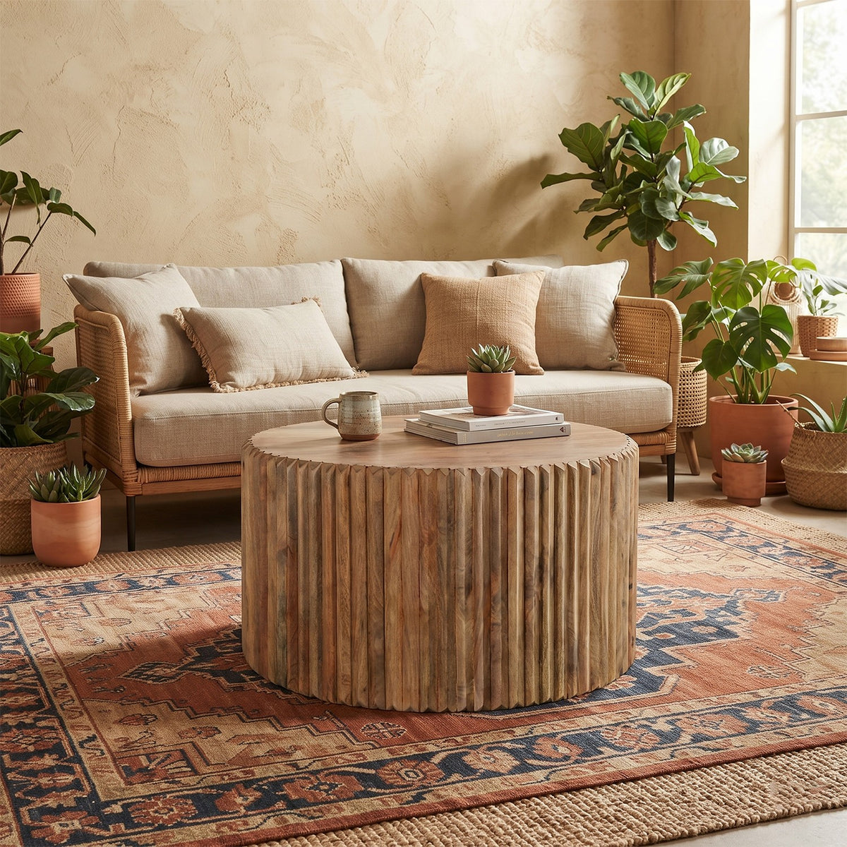 Carvora Natural Oak Round Carved Mango Wood Coffee Table