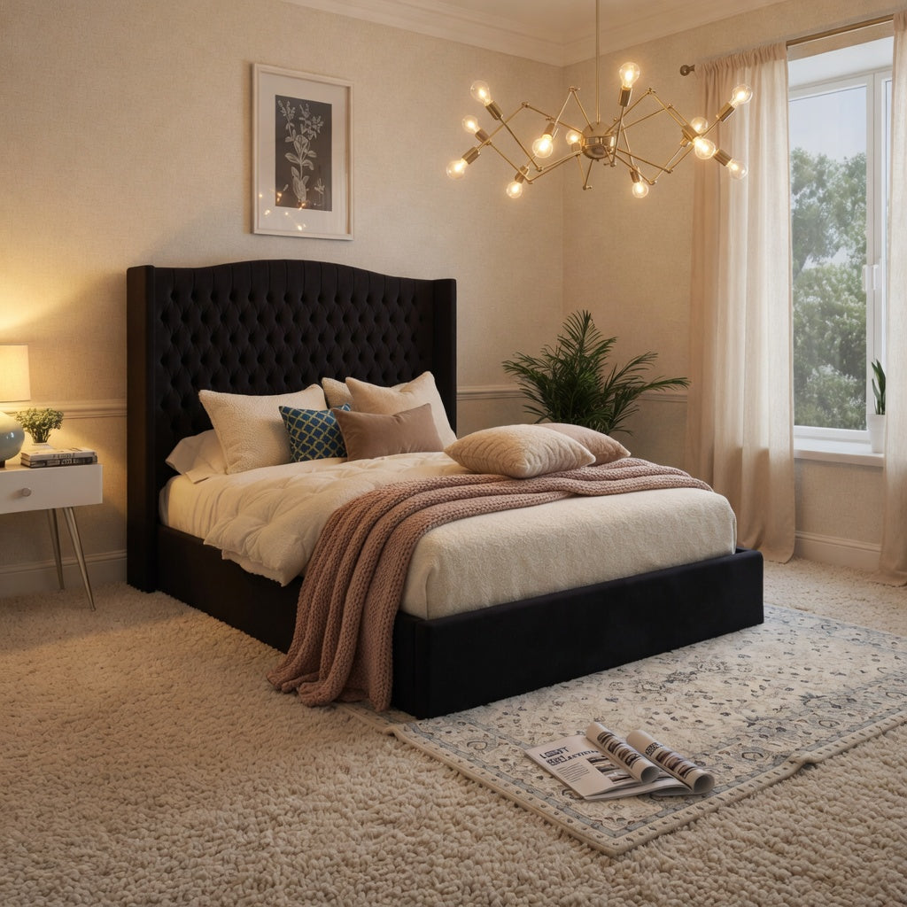 Snuggler Curved Top Winged Upholstered Soft Velvet Designer Bed Frame