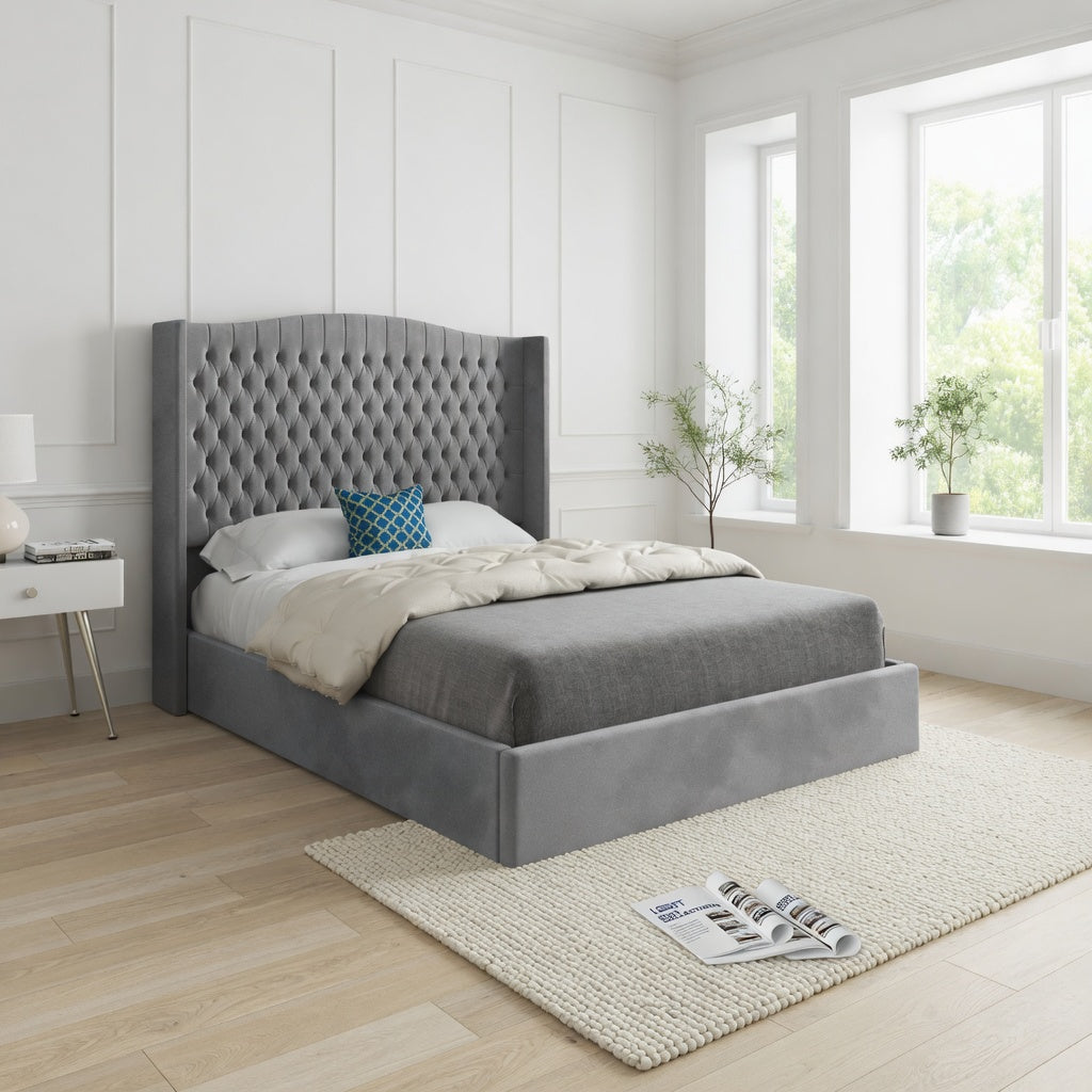 Snuggler Curved Top Winged Upholstered Soft Velvet Designer Bed Frame
