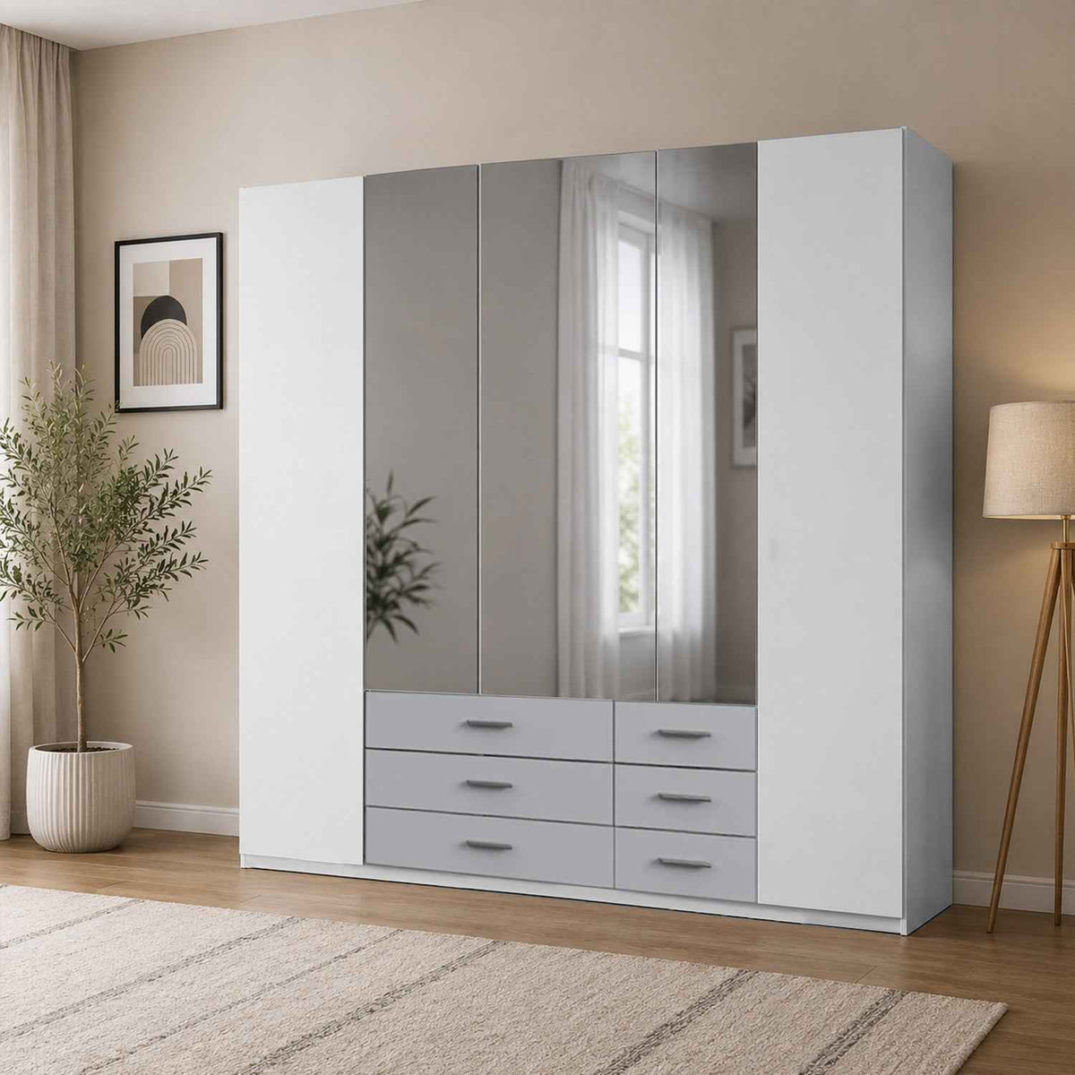 Barnwell 5 Door 6 Drawer Mirrored Wardrobe in White & Grey