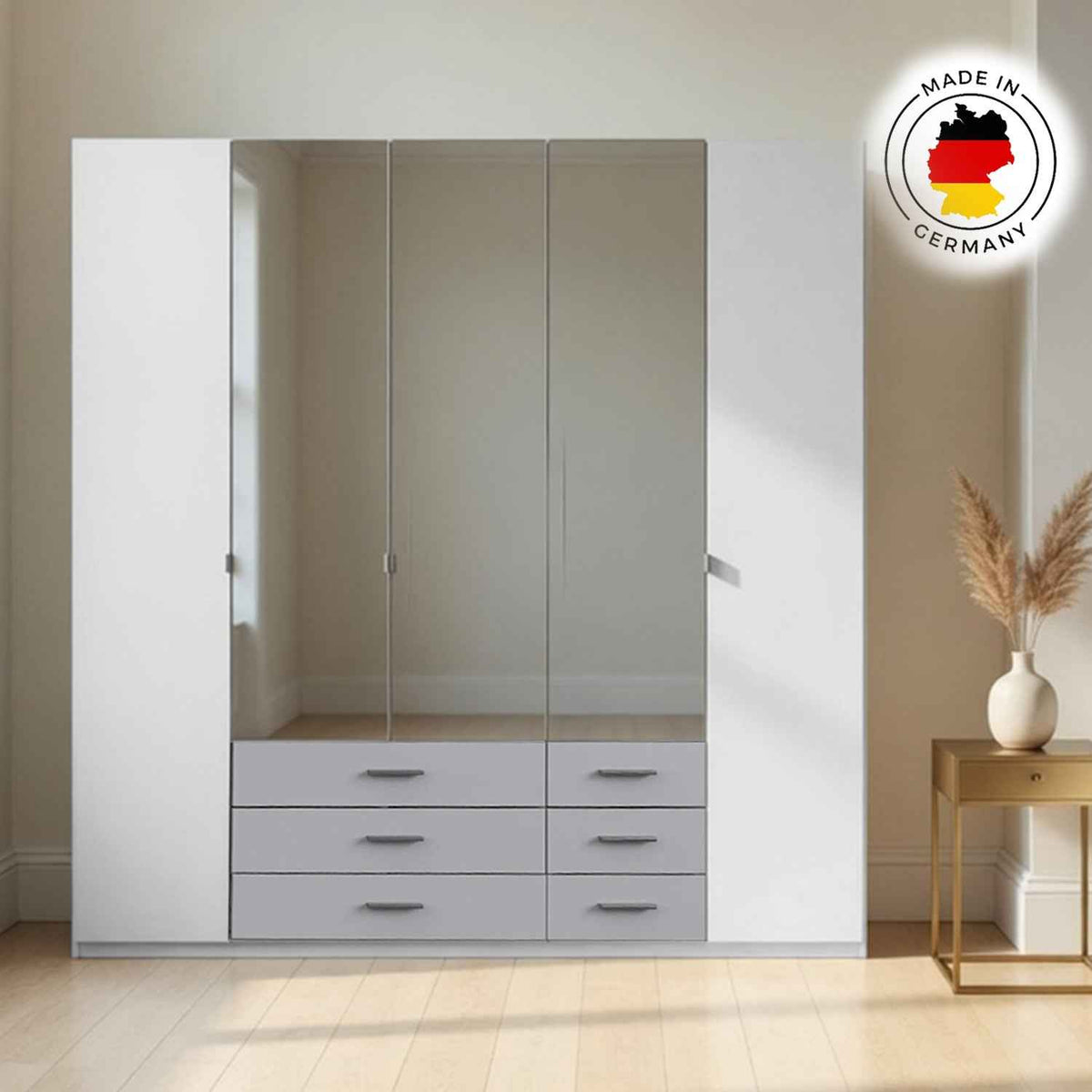 Barnwell 5 Door 6 Drawer Mirrored Wardrobe in White & Grey