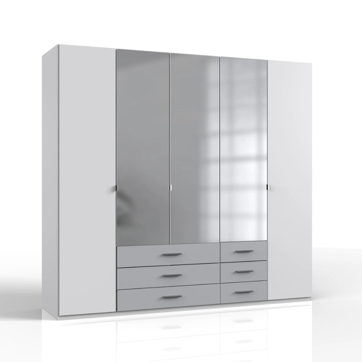 Barnwell 5 Door 6 Drawer Mirrored Wardrobe in White & Grey - image 2