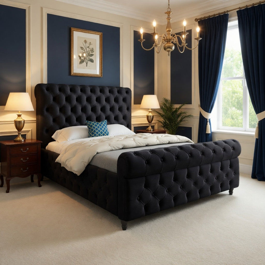 Nestling Sleigh Upholstered Soft Velvet Designer Bed Frame