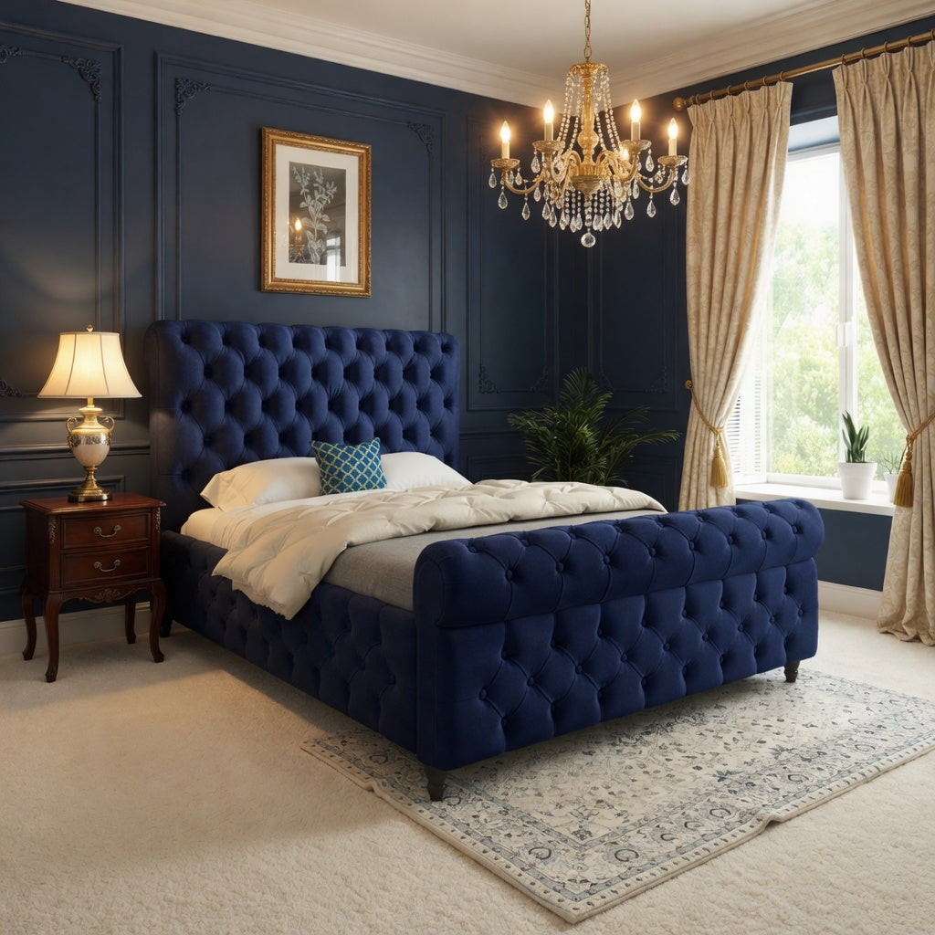 Nestling Sleigh Upholstered Soft Velvet Designer Bed Frame