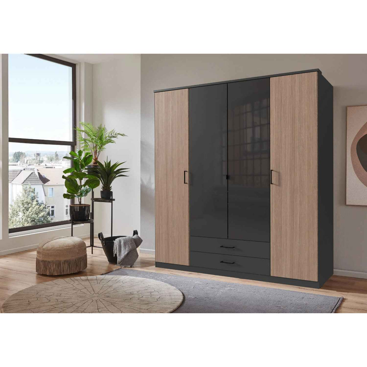 Fenwick 4 Door Wardrobe with 2 Drawers and Glass Centre Doors