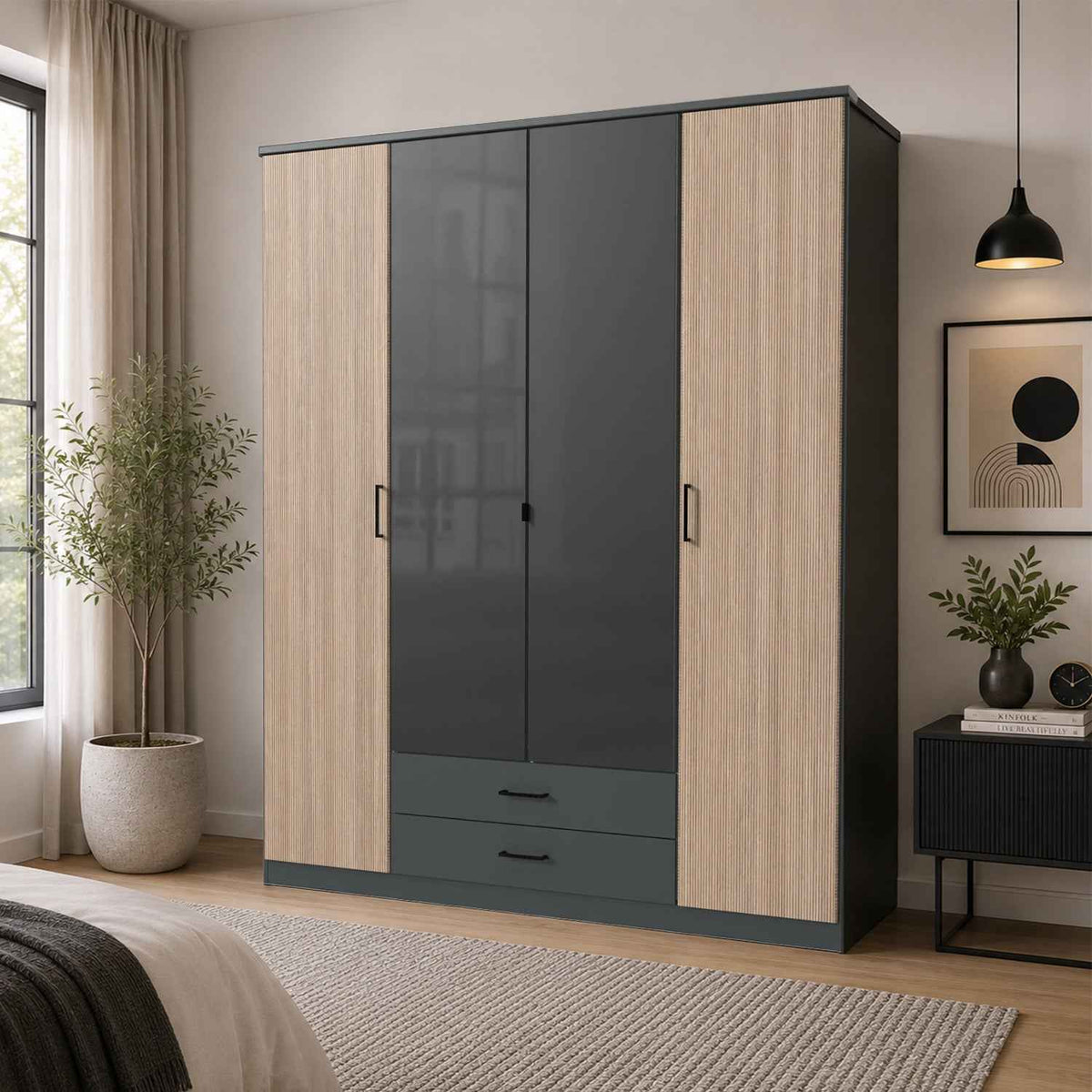 Fenwick 4 Door Wardrobe with 2 Drawers and Glass Centre Doors