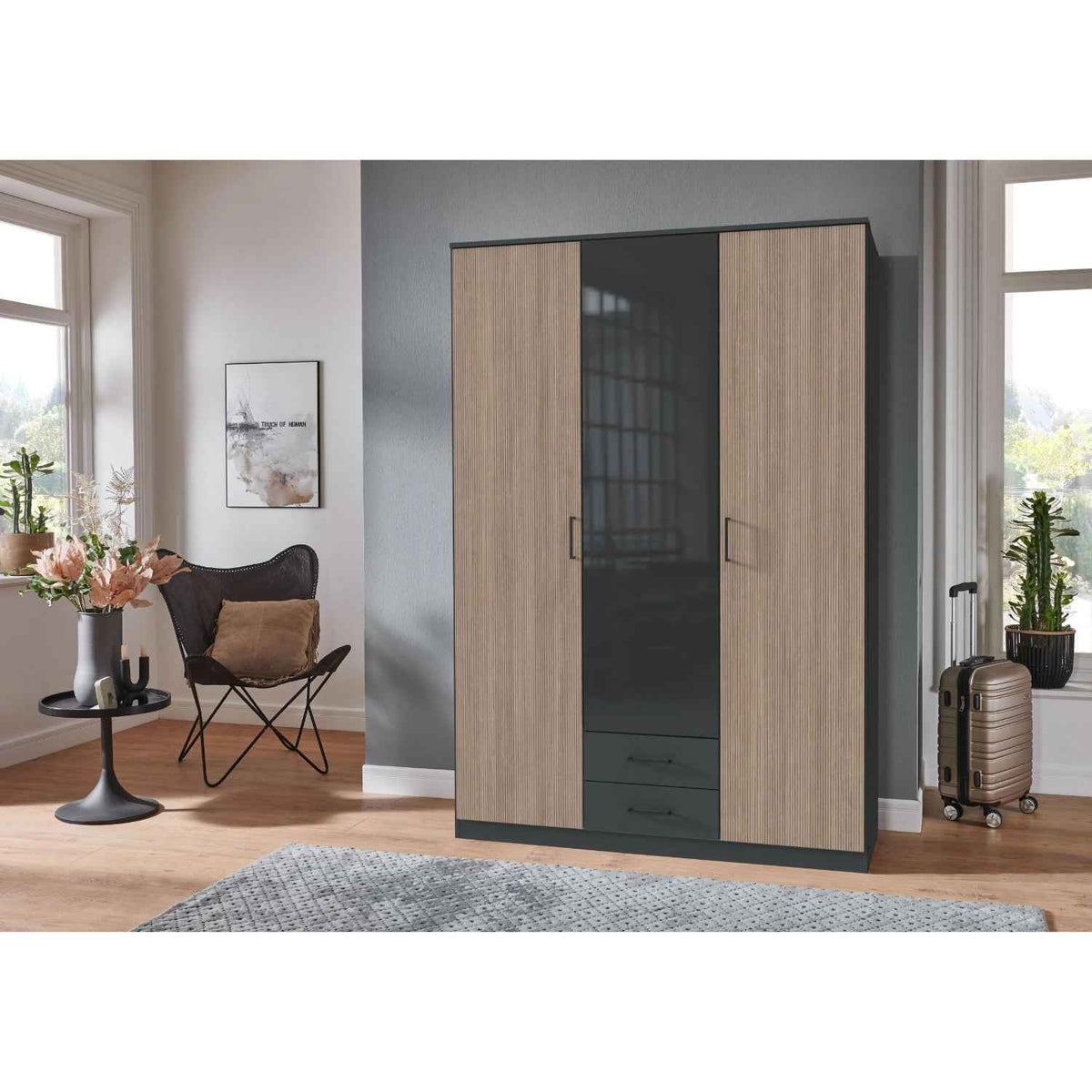 Fenwick 3 Door Wardrobe with 2 Drawers and Glass Centre Door