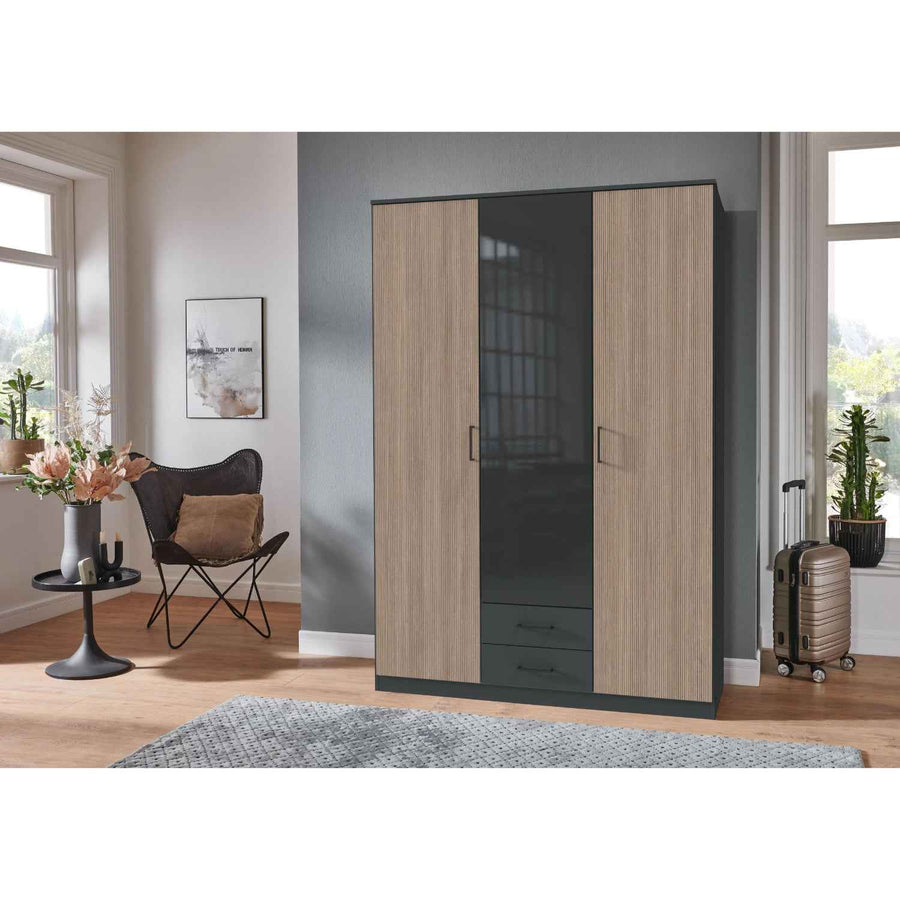 Fenwick 3 Door Wardrobe with 2 Drawers and Glass Centre Door