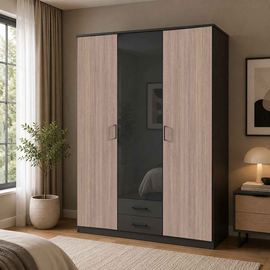 Fenwick 3 Door Wardrobe with 2 Drawers and Glass Centre Door