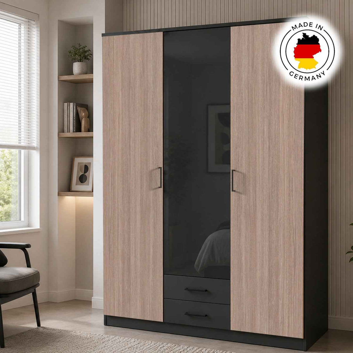 Fenwick 3 Door Wardrobe with 2 Drawers and Glass Centre Door