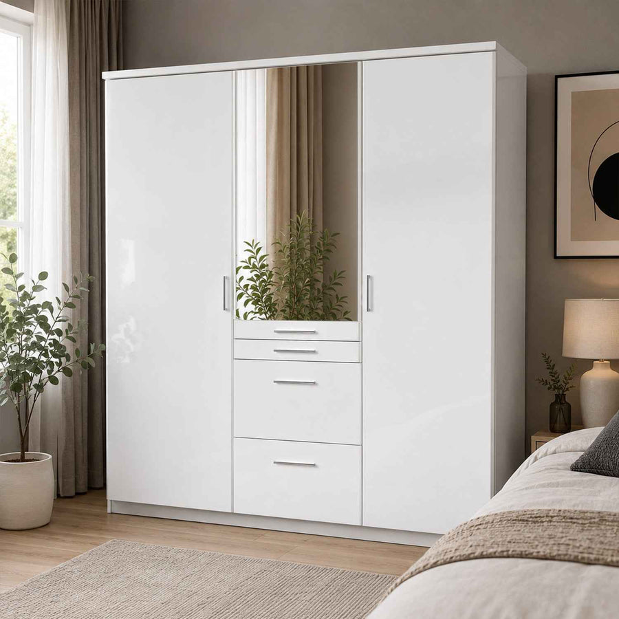Ashford White 3 Door Wardrobe with Mirror and Drawers
