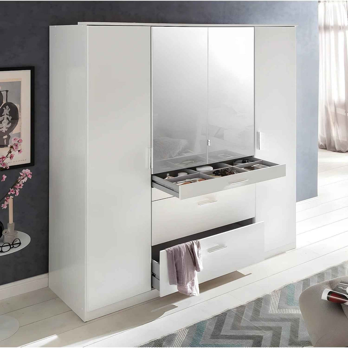 Ashford White 4 Door Wardrobe with Mirrors and Drawers