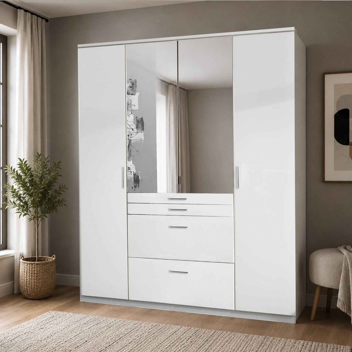 Ashford White 4 Door Wardrobe with Mirrors and Drawers