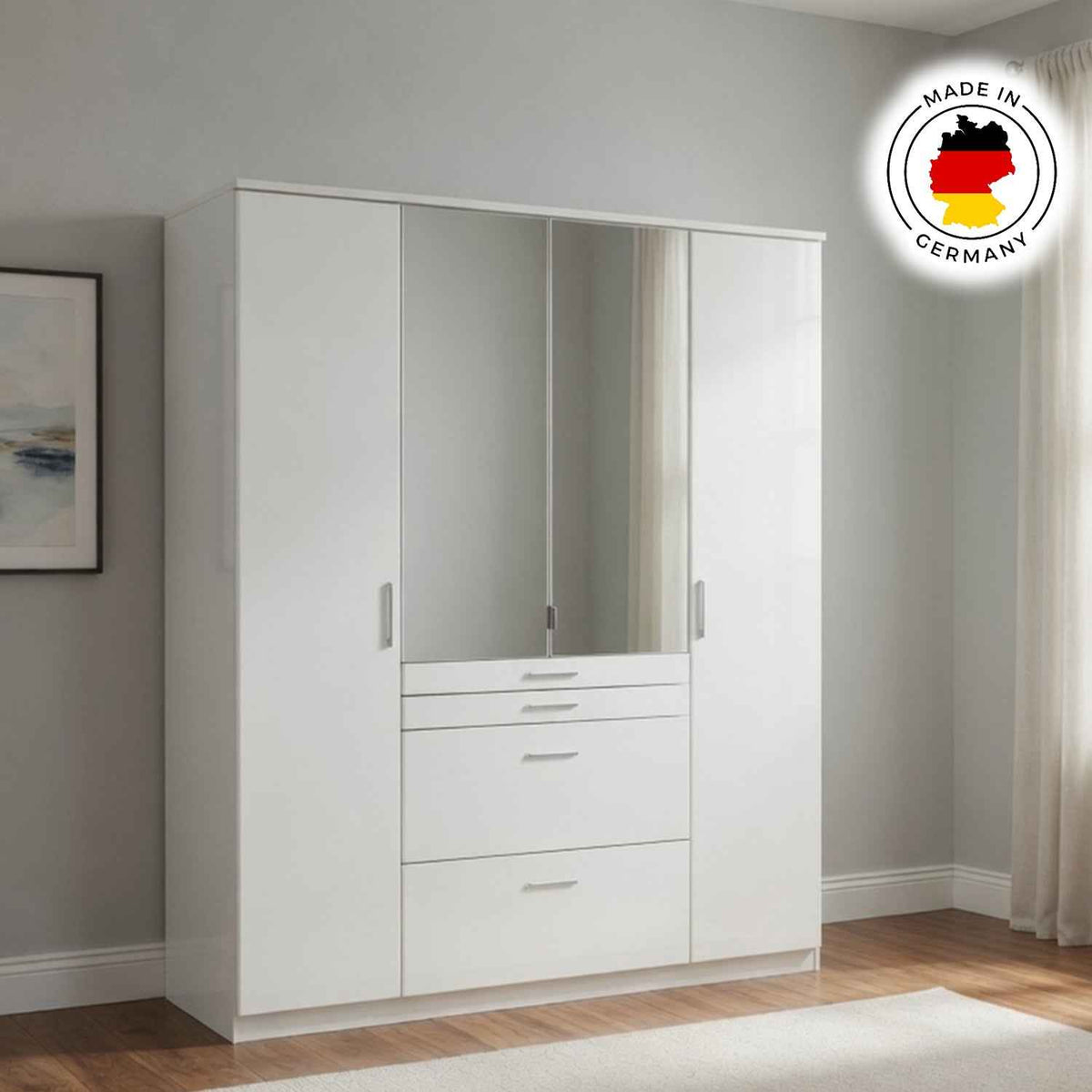 Ashford White 4 Door Wardrobe with Mirrors and Drawers
