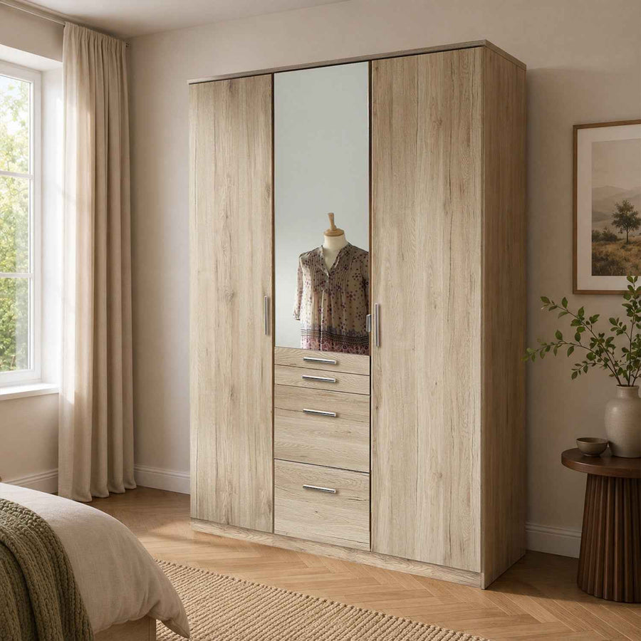 Ashford Sam Remo Oak 3 Door Wardrobe with Mirror and Drawers