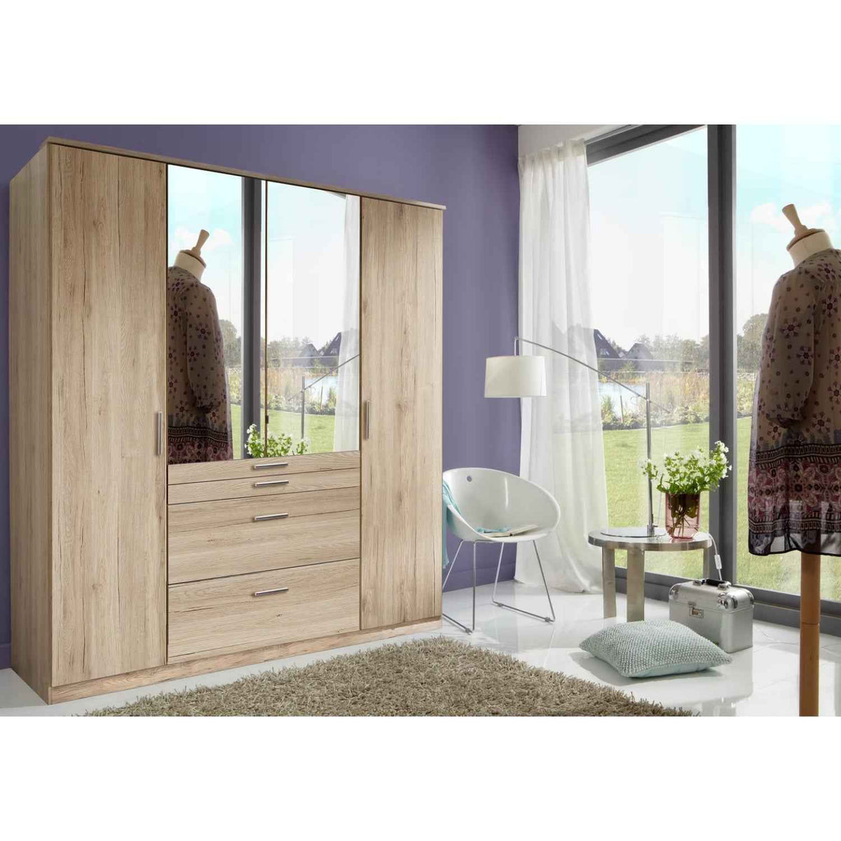Epsom Oak Effect 4 Door Wardrobe with Mirror and Drawers