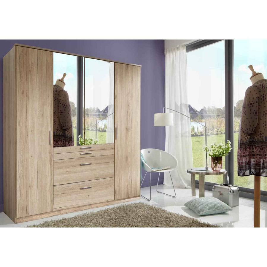 Epsom Oak Effect 4 Door Wardrobe with Mirror and Drawers