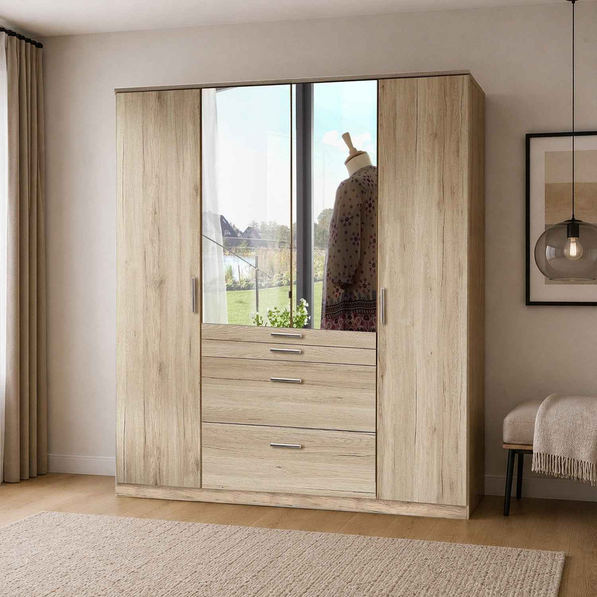 Epsom Oak Effect 4 Door Wardrobe with Mirror and Drawers