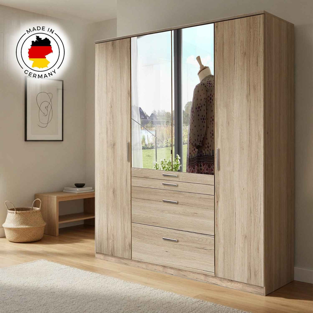 Epsom Oak Effect 4 Door Wardrobe with Mirror and Drawers