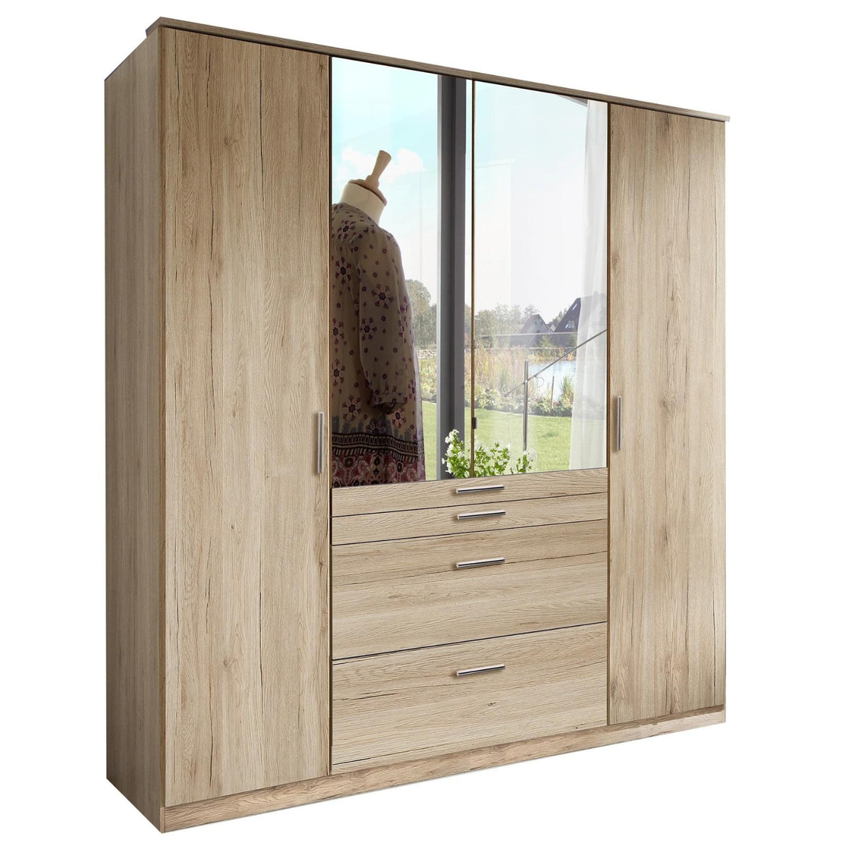 Epsom Oak Effect 4 Door Wardrobe with Mirror and Drawers