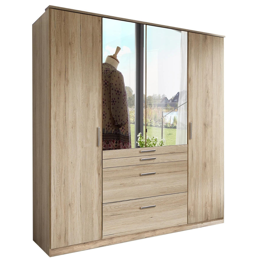 Epsom Oak Effect 4 Door Wardrobe with Mirror and Drawers