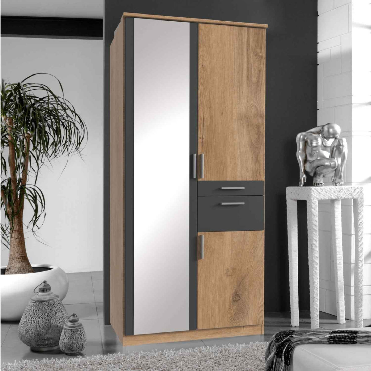 Harrogate Planked Oak 2 Door Mirrored Wardrobe with Drawers
