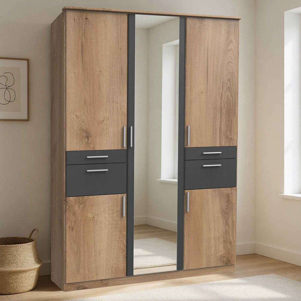 Harrogate Planked Oak 3 Door Mirrored Wardrobe with Drawers