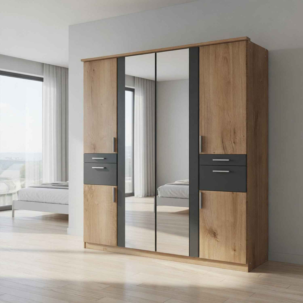 Harrogate Planked Oak 4 Door Mirrored Wardrobe with Drawers