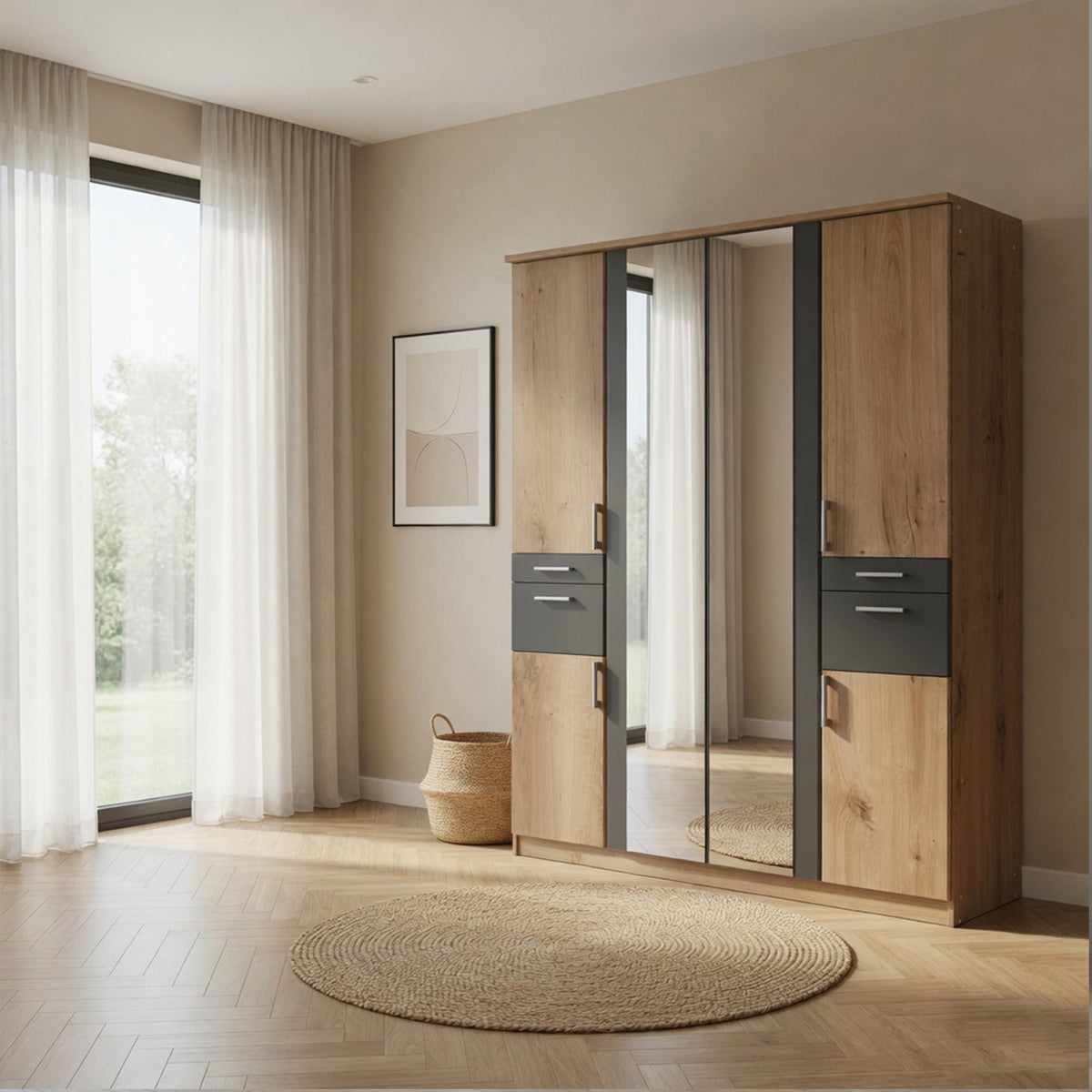 Harrogate Planked Oak 4 Door Mirrored Wardrobe with Drawers - image 6