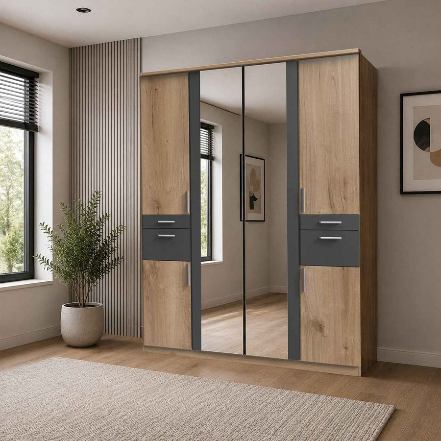 Harrogate Planked Oak 4 Door Mirrored Wardrobe with Drawers