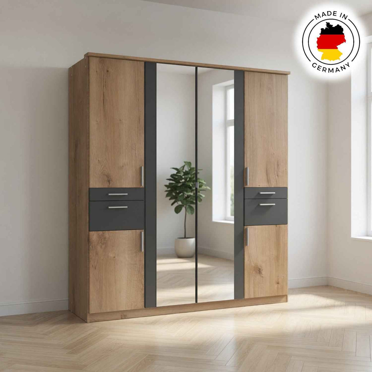 Harrogate Planked Oak 4 Door Mirrored Wardrobe with Drawers