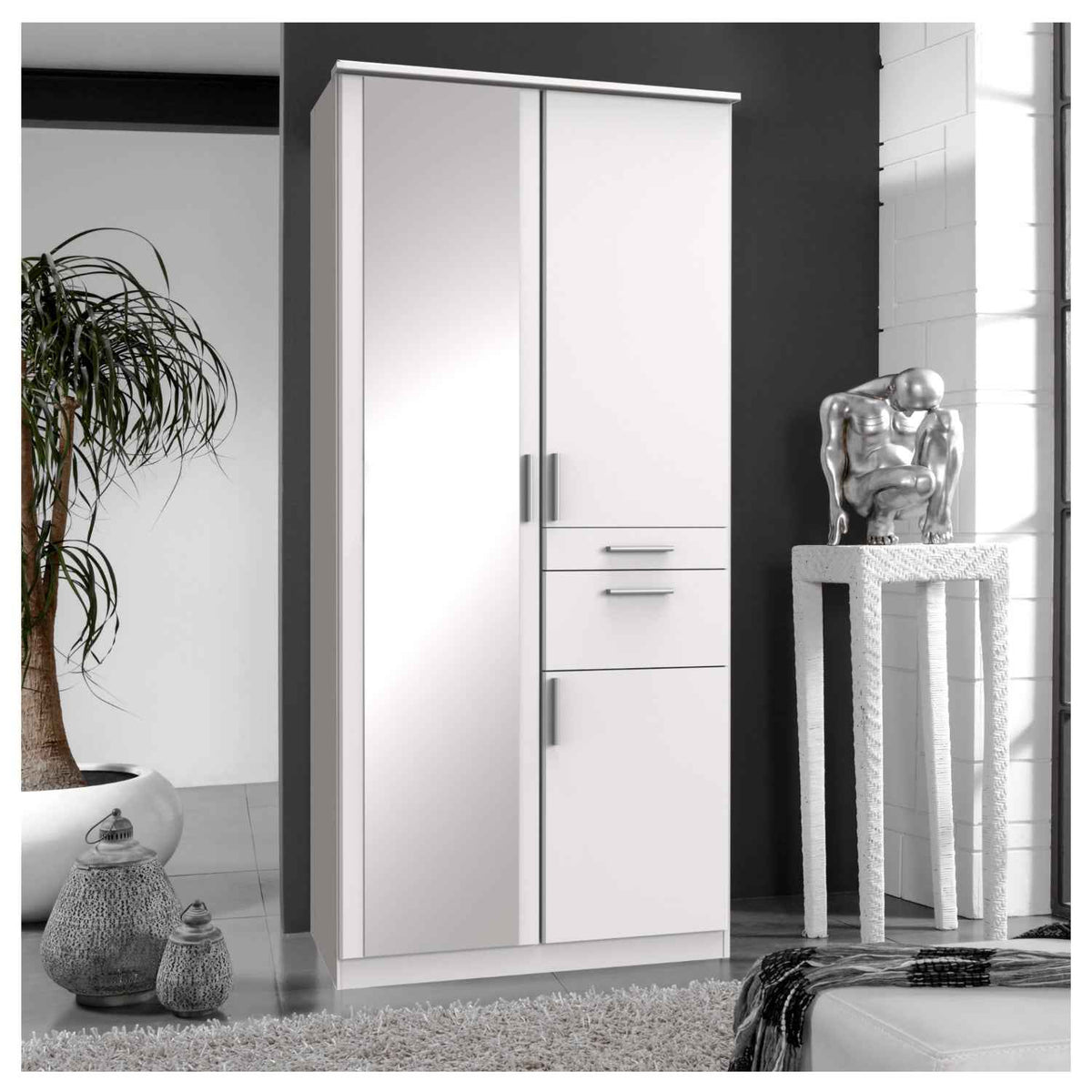Harrogate White 2 Door Wardrobe with Mirror and Storage Drawers