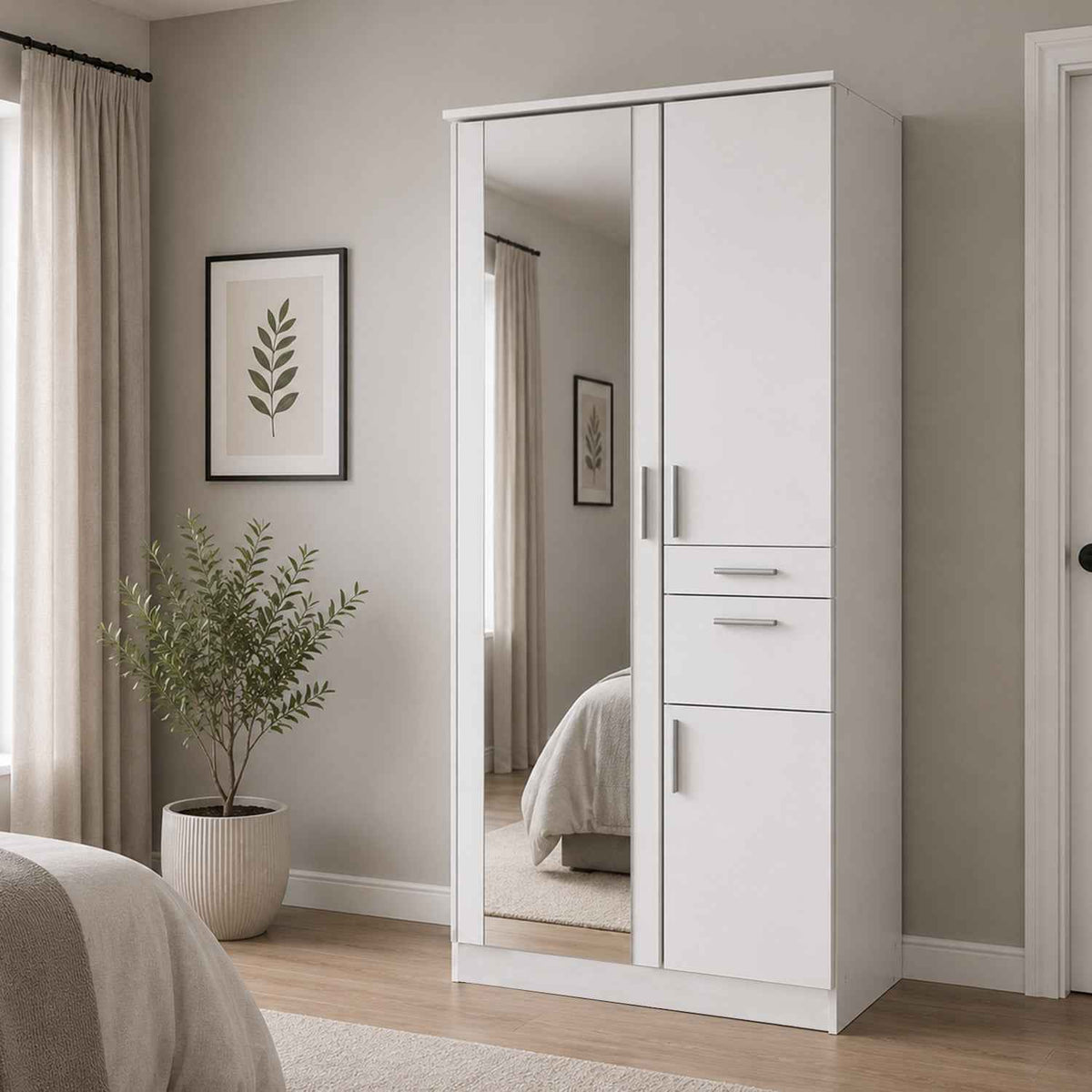 Harrogate White 2 Door Wardrobe with Mirror and Storage Drawers