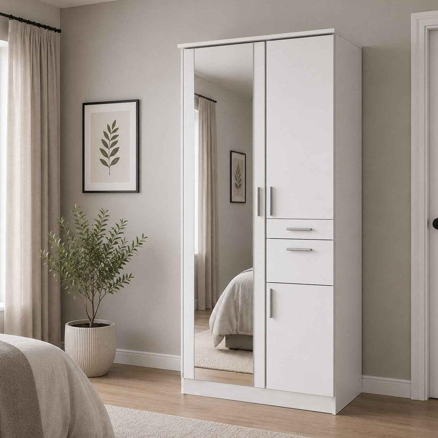 Harrogate White 2 Door Wardrobe with Mirror and Storage Drawers