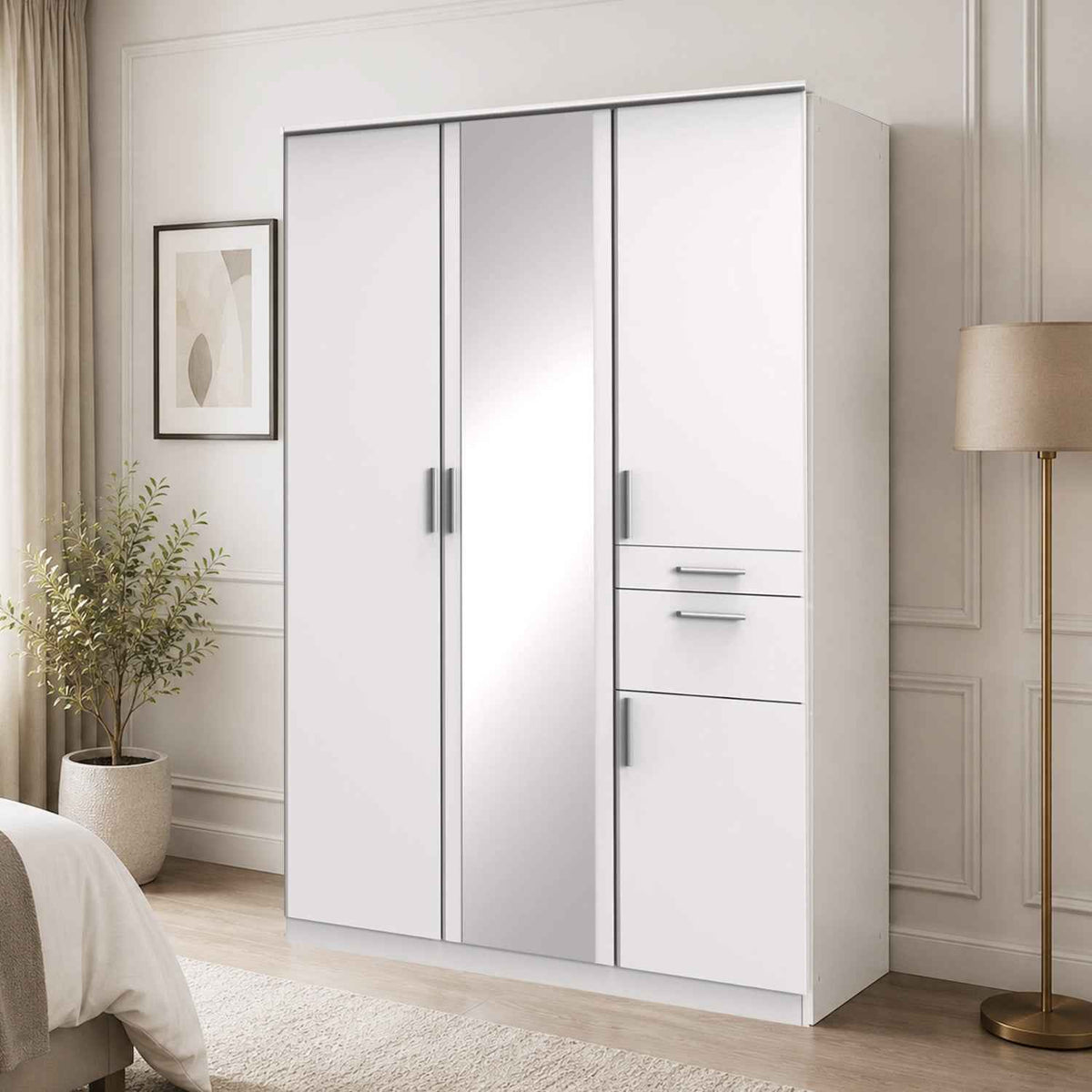Harrogate White 3 Door Wardrobe with Mirror and Storage Drawers