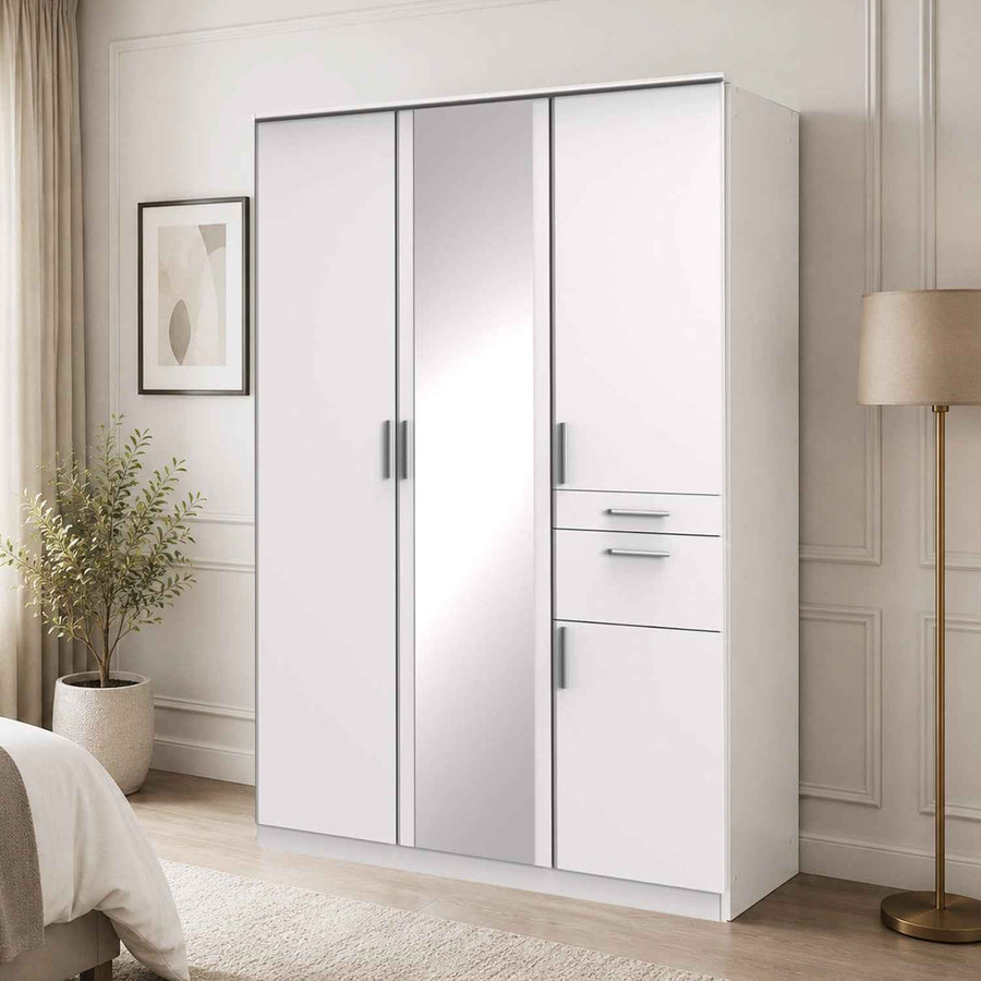 Harrogate White 3 Door Wardrobe with Mirror and Storage Drawers