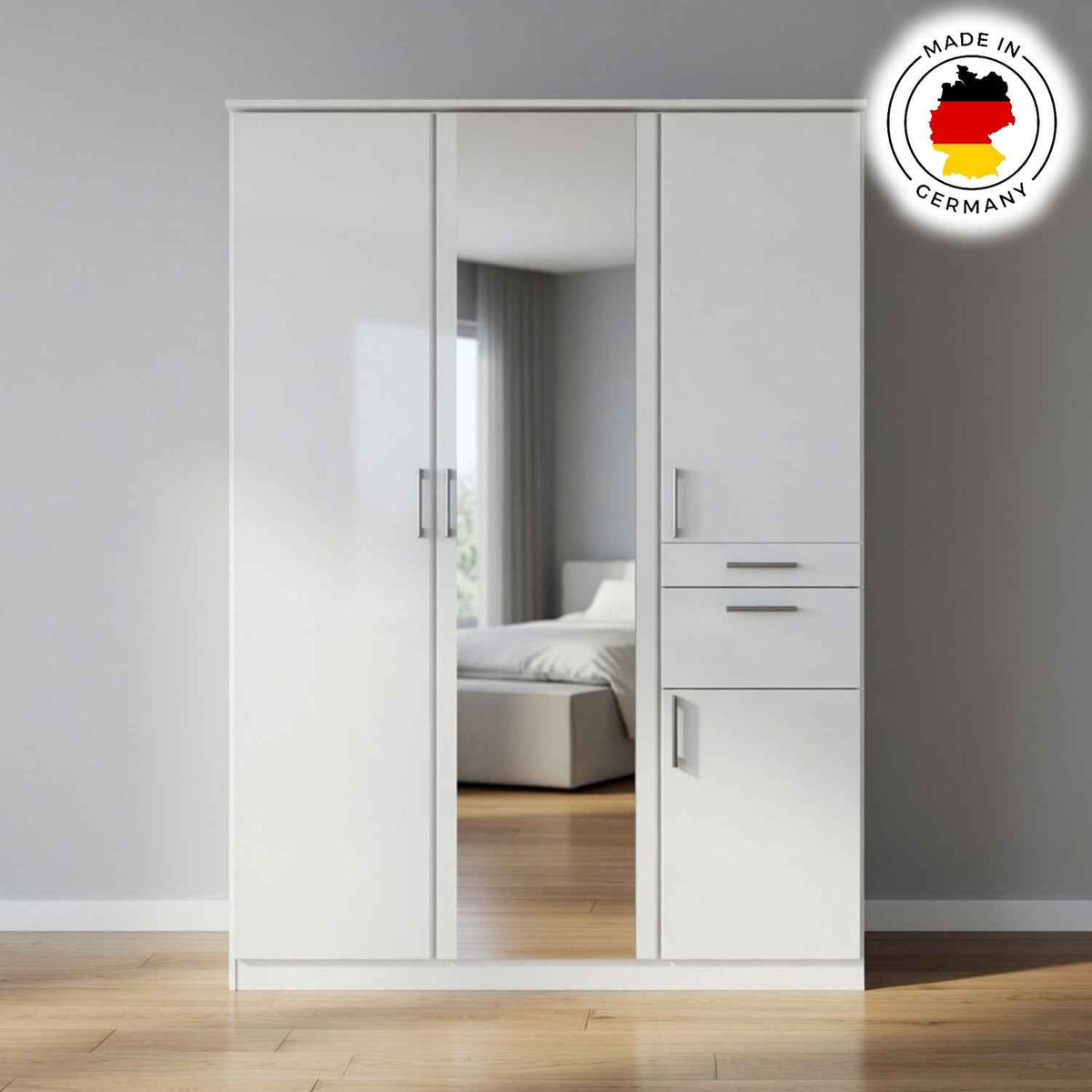 Harrogate White 3 Door Wardrobe with Mirror and Storage Drawers