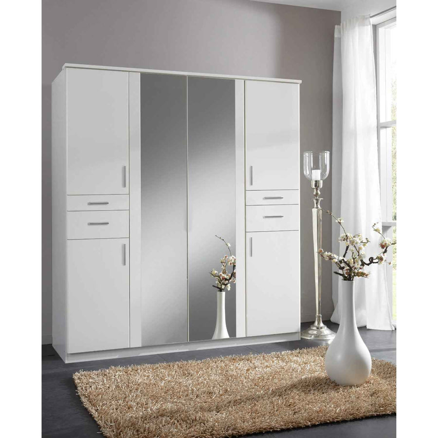 Harrogate White 4 Door Wardrobe with Mirrors and Storage Drawers