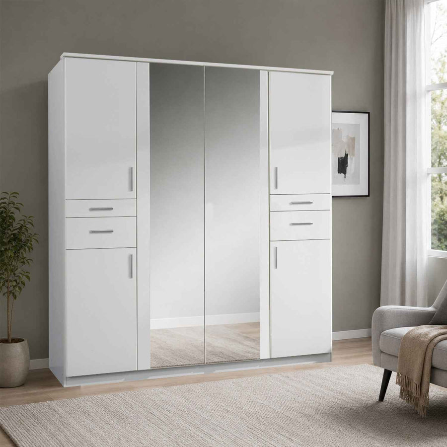 Harrogate White 4 Door Wardrobe with Mirrors and Storage Drawers