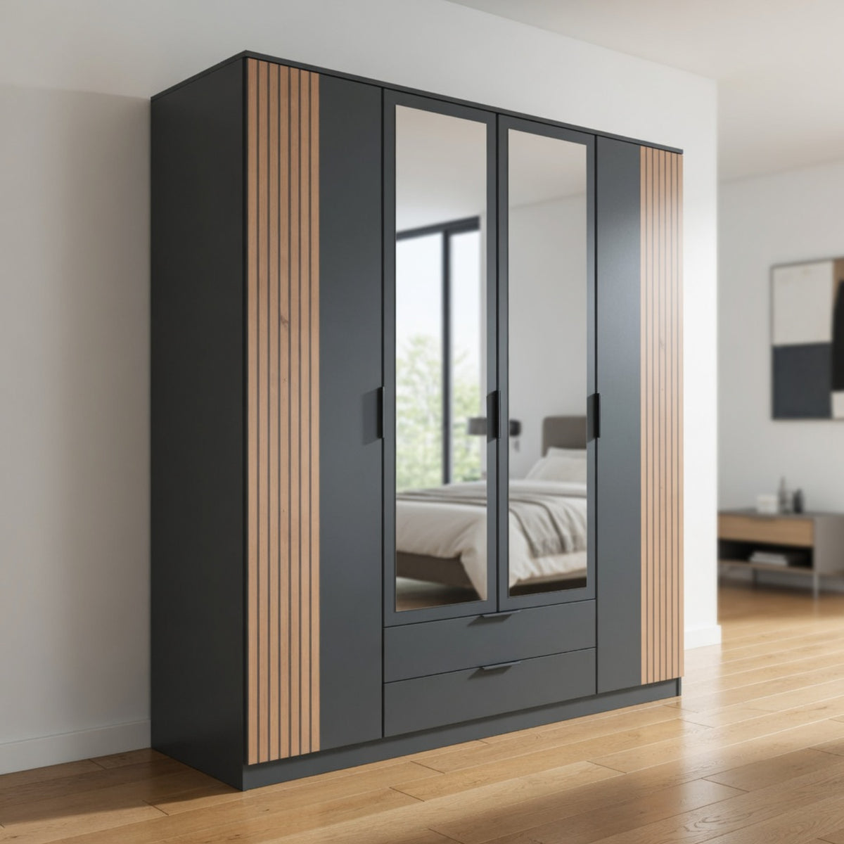 Newbury 4 Door Wardrobe with 2 Mirrors and Drawer in Graphite with Oak Slat Effect - image 9
