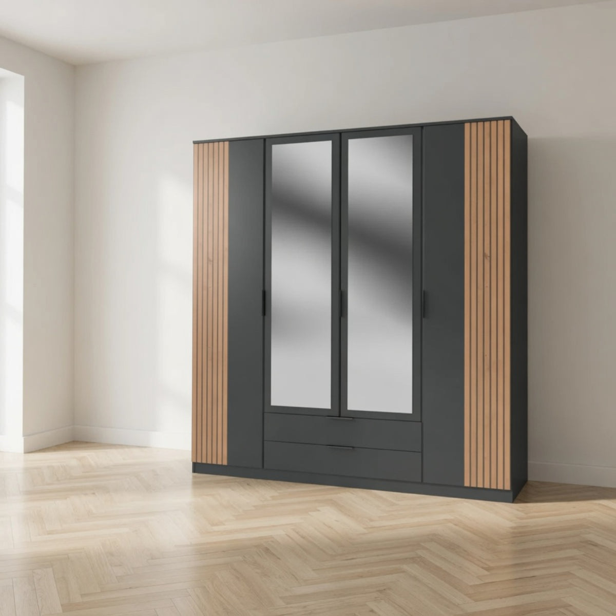Newbury 4 Door Wardrobe with 2 Mirrors and Drawer in Graphite with Oak Slat Effect - image 10