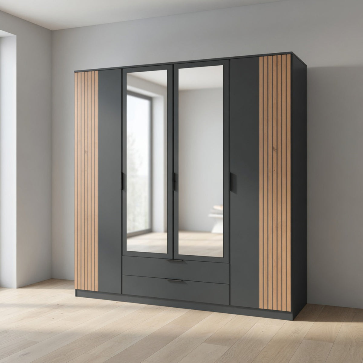 Newbury 4 Door Wardrobe with 2 Mirrors and Drawer in Graphite with Oak Slat Effect - image 11