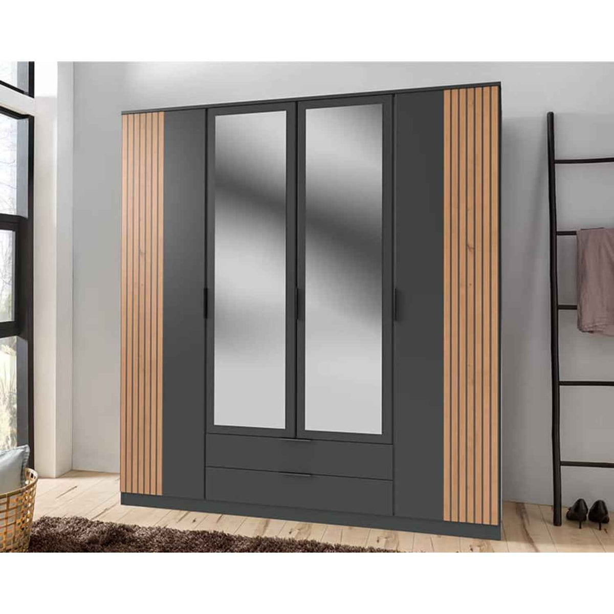 Newbury 4 Door Wardrobe with 2 Mirrors and Drawer in Graphite with Oak Slat Effect