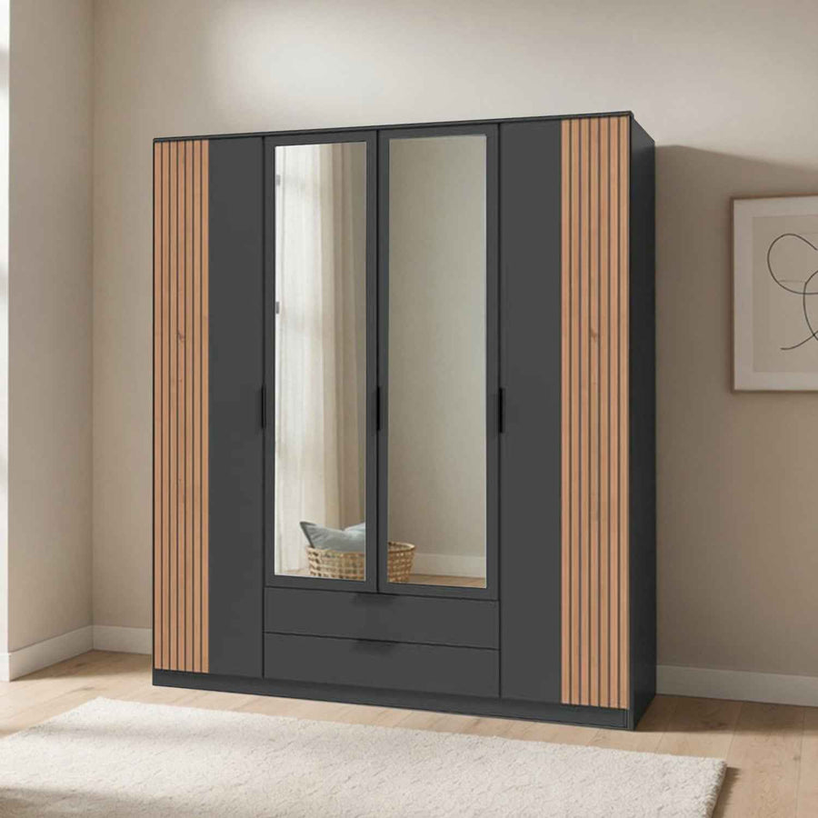 Newbury 4 Door Wardrobe with 2 Mirrors and Drawer in Graphite with Oak Slat Effect
