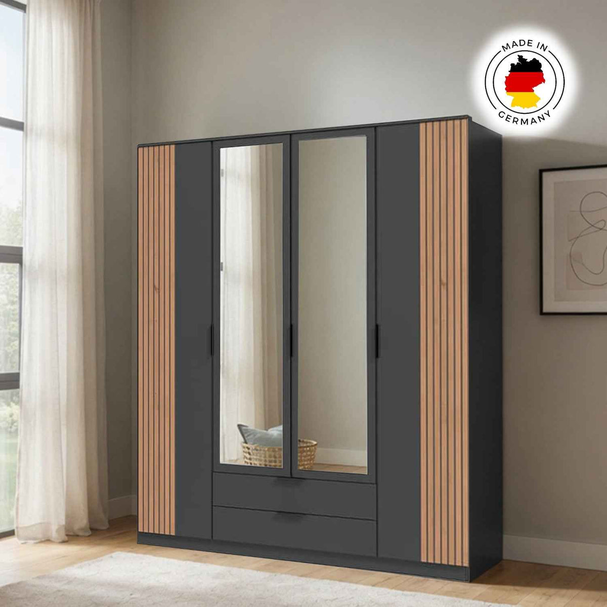 Newbury 4 Door Wardrobe with 2 Mirrors and Drawer in Graphite with Oak Slat Effect