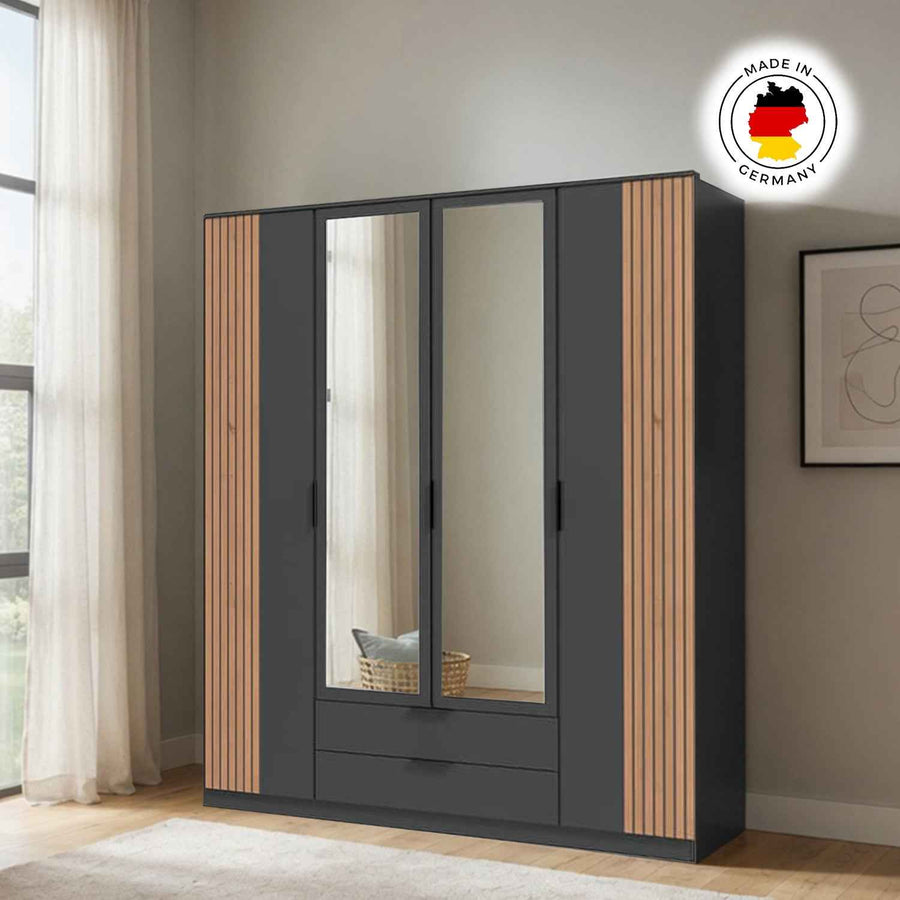 Newbury 4 Door Wardrobe with 2 Mirrors and Drawer in Graphite with Oak Slat Effect