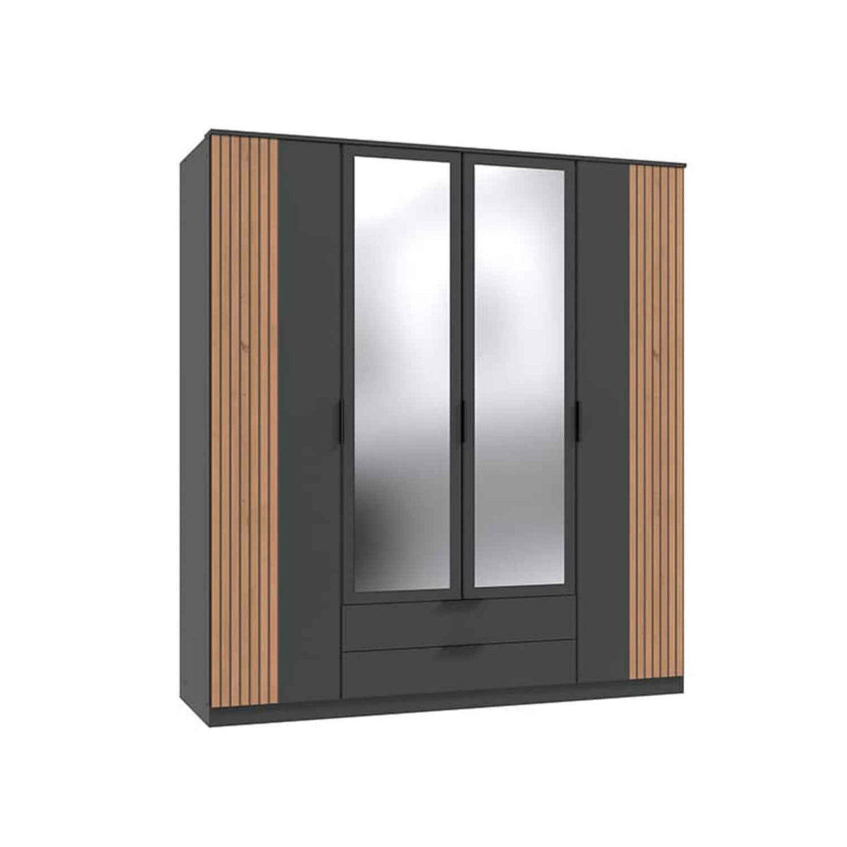 Newbury 4 Door Wardrobe with 2 Mirrors and Drawer in Graphite with Oak Slat Effect