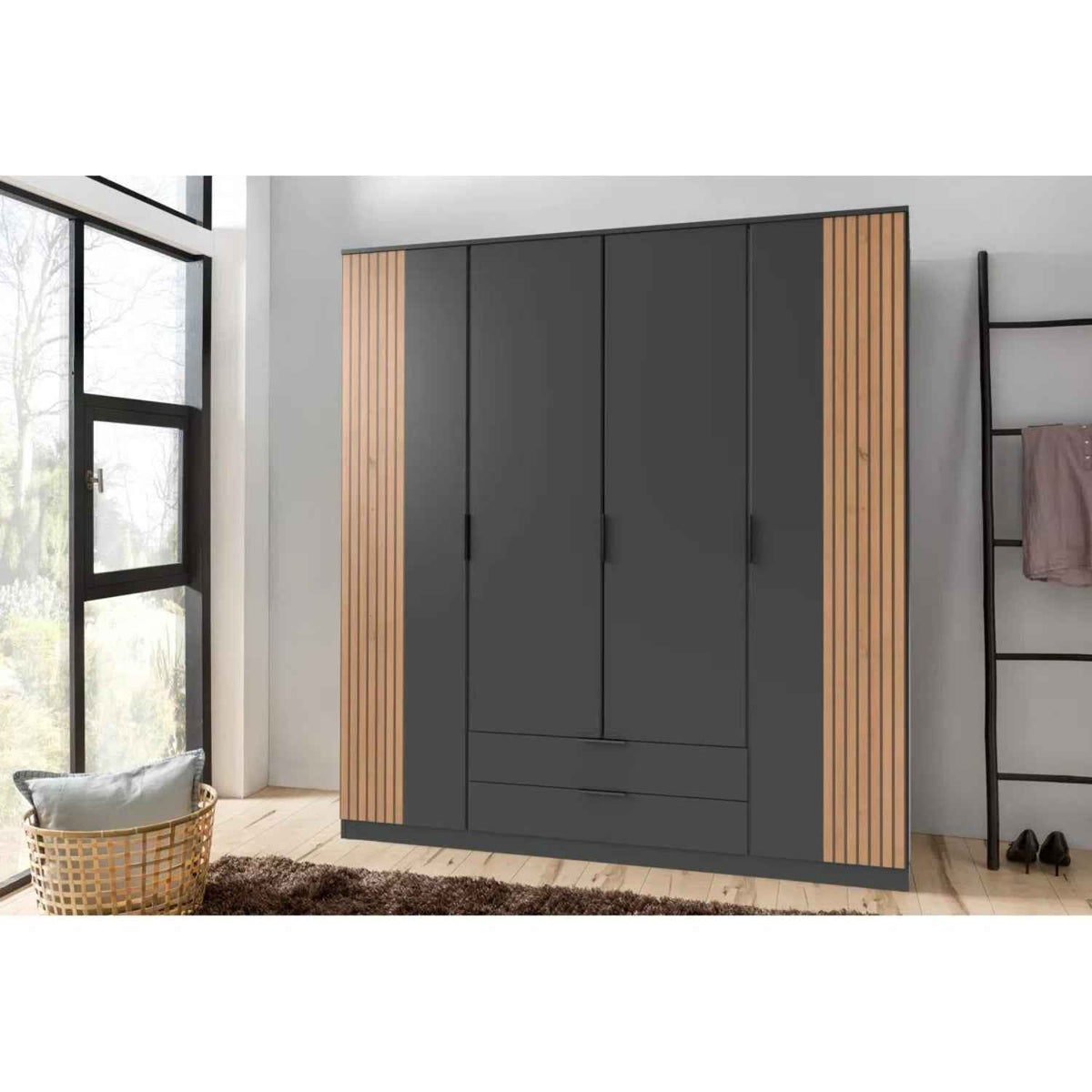 Newbury 4 Door Wardrobe with Drawers in Graphite with Oak Slat Effect
