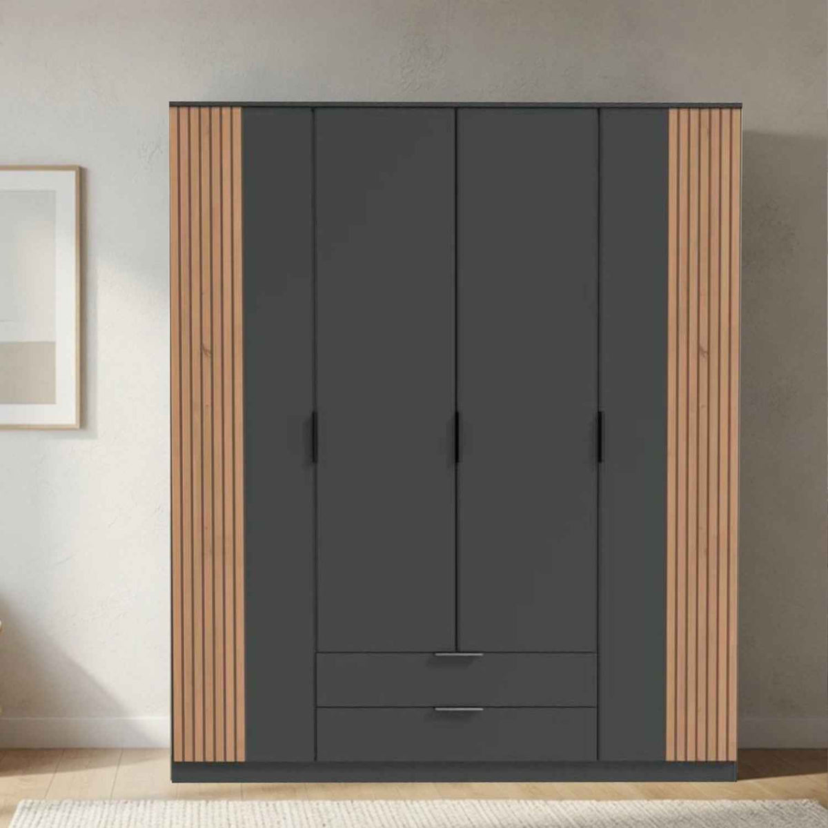 Newbury 4 Door Wardrobe with Drawers in Graphite with Oak Slat Effect