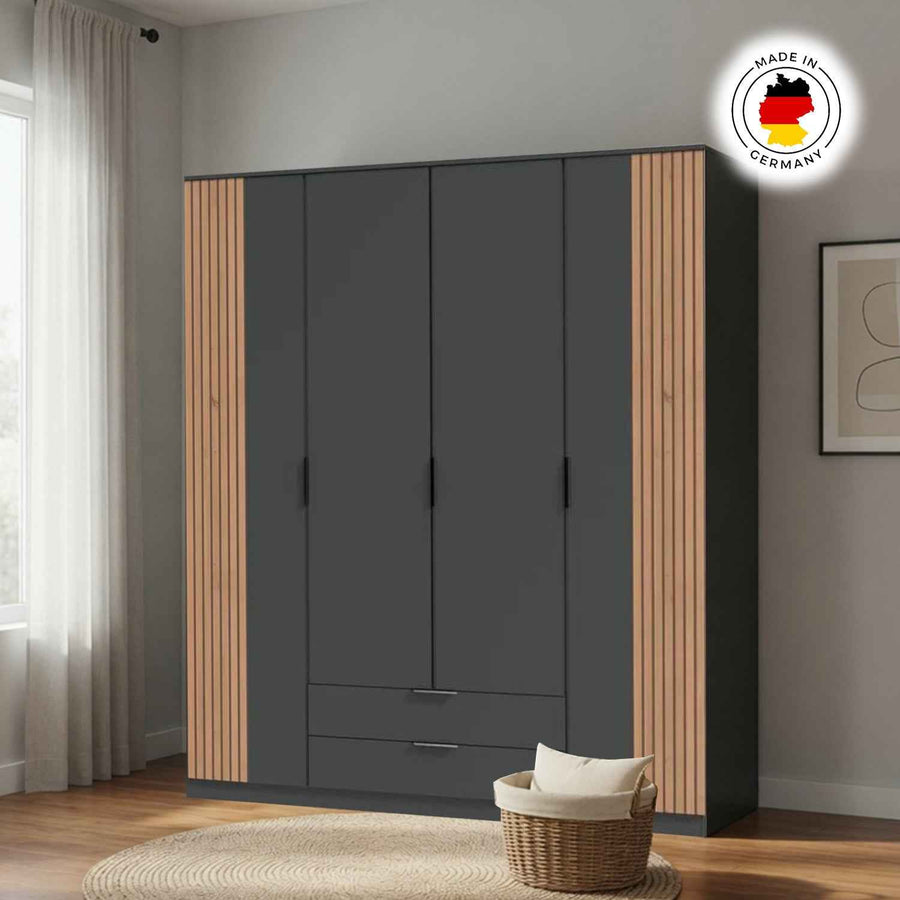 Newbury 4 Door Wardrobe with Drawers in Graphite with Oak Slat Effect
